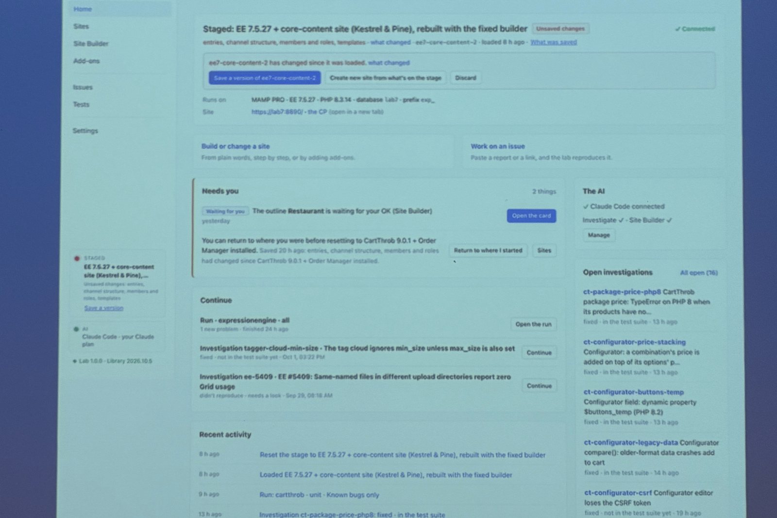 EE Test Lab dashboard showing staged ExpressionEngine test sites and open investigations