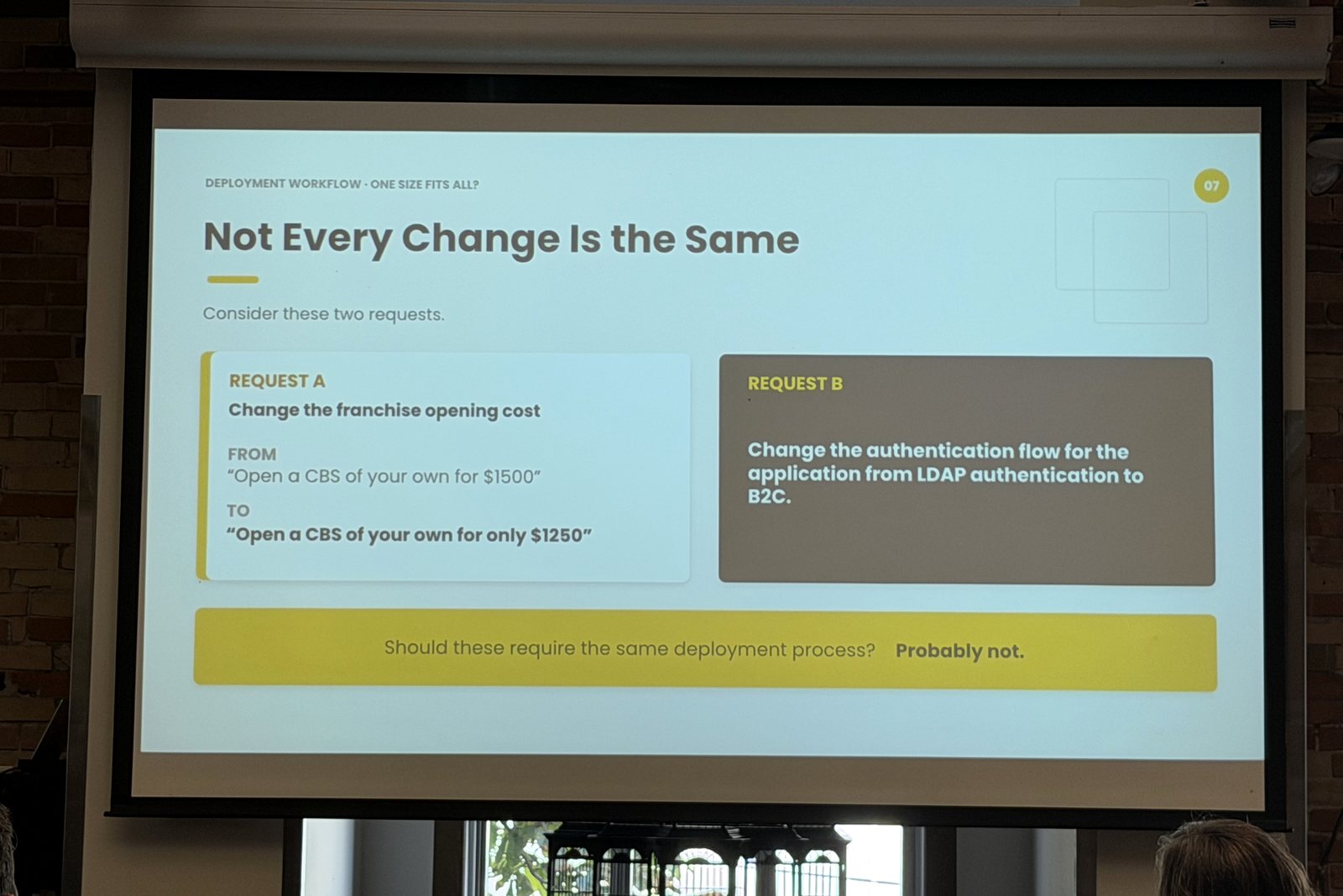 Slide titled Not Every Change Is the Same comparing a price change with an authentication change